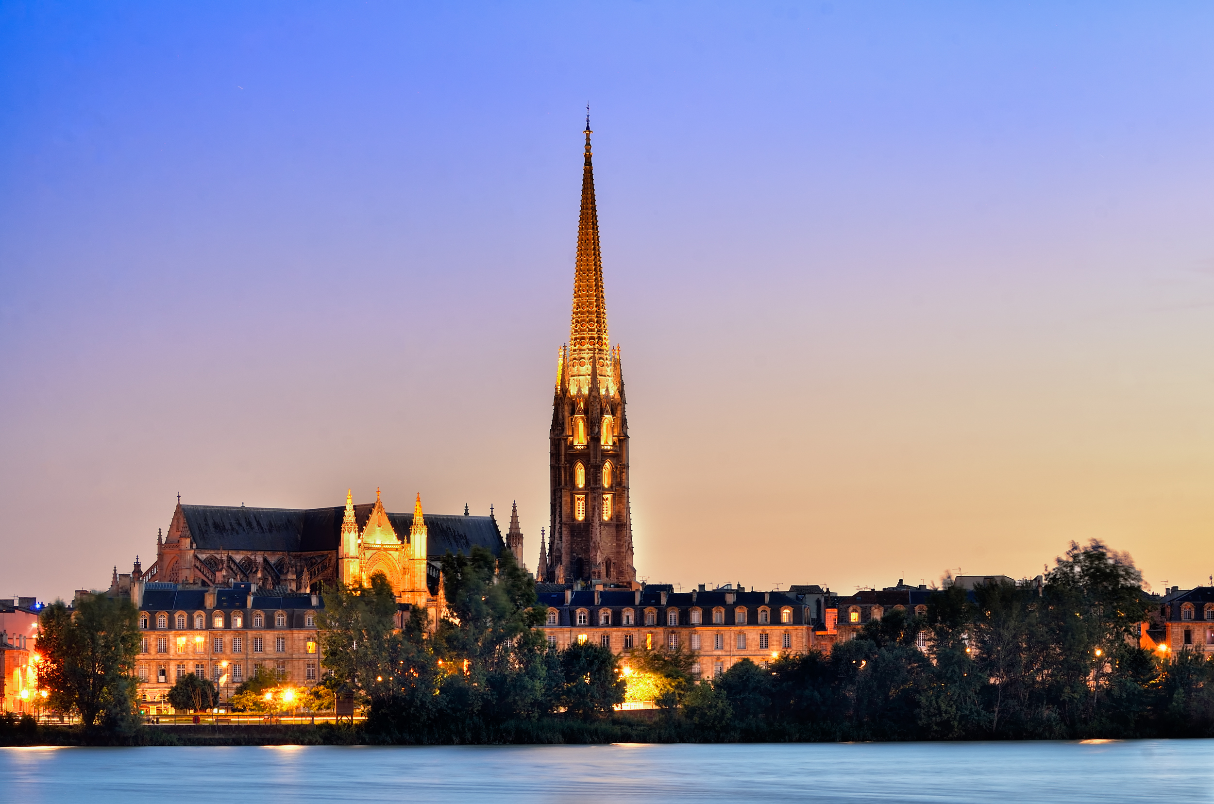 The Gothic Saint-Michel spire rising above the neighbourhood rooftops in Bordeaux