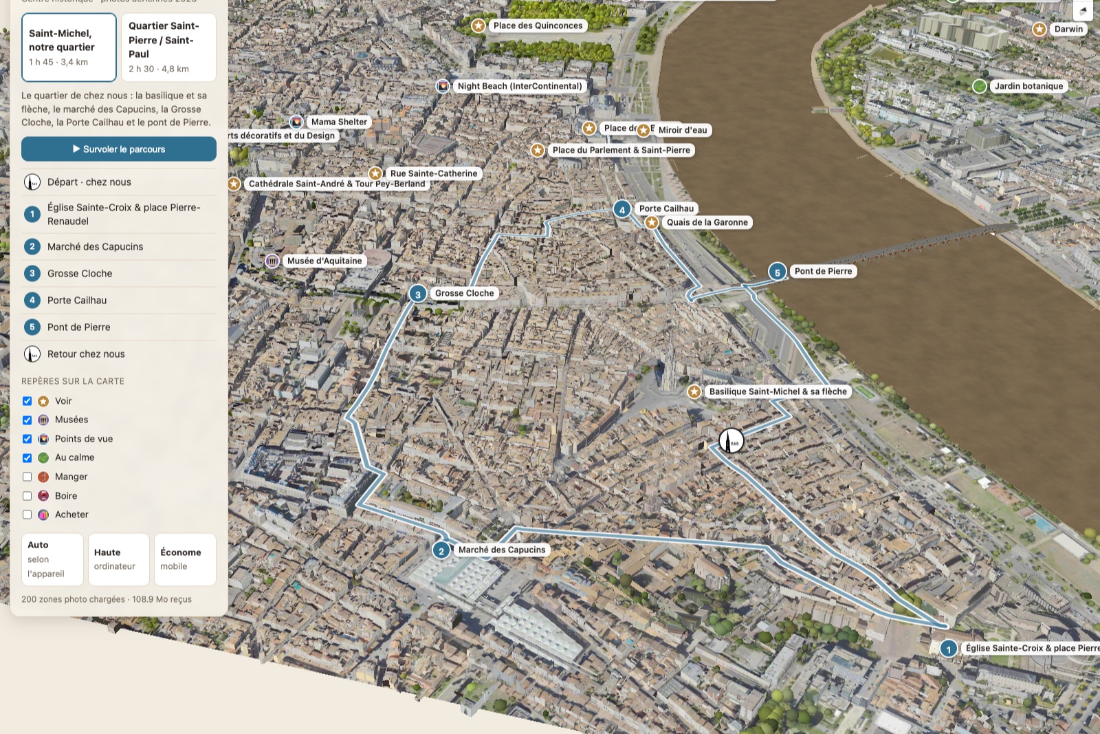 Preview of the Saint-Michel and Quays route on the 3D map of Bordeaux